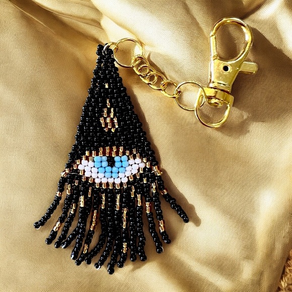Evil Eye Bag Charm with Hand Beaded Glass Seed Beads and Gold Toned Clasp - Picture 8 of 17